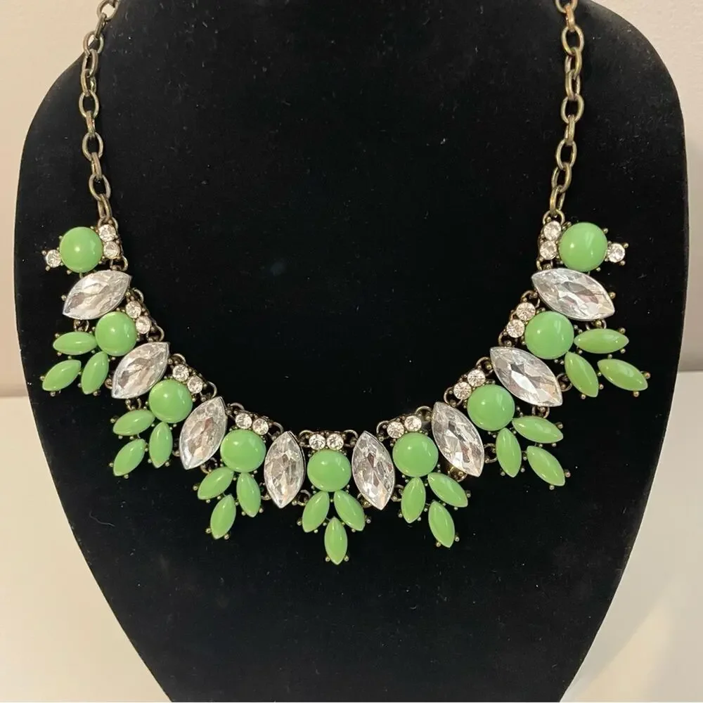 Women’s Chunky Statement Bib Necklace Light Green Crystal Antique Gold Tone